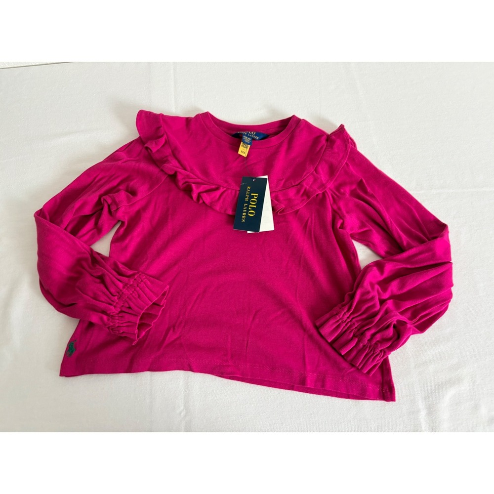 Polo Ralph Lauren Ruffle Collar Top M age 8-10 Holiday Pink Long Sleeve Shirt